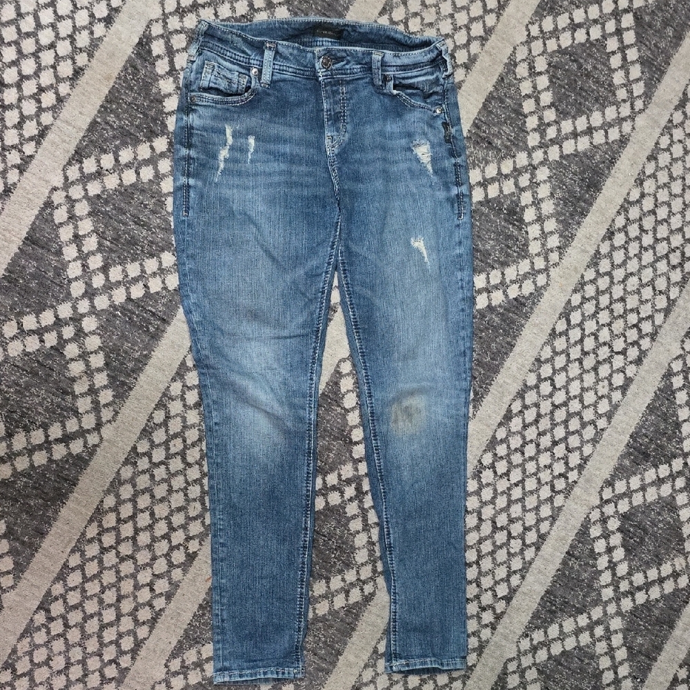 Silver Girlfriend Jeans Blue Skinny Distressed Denim W30/L29